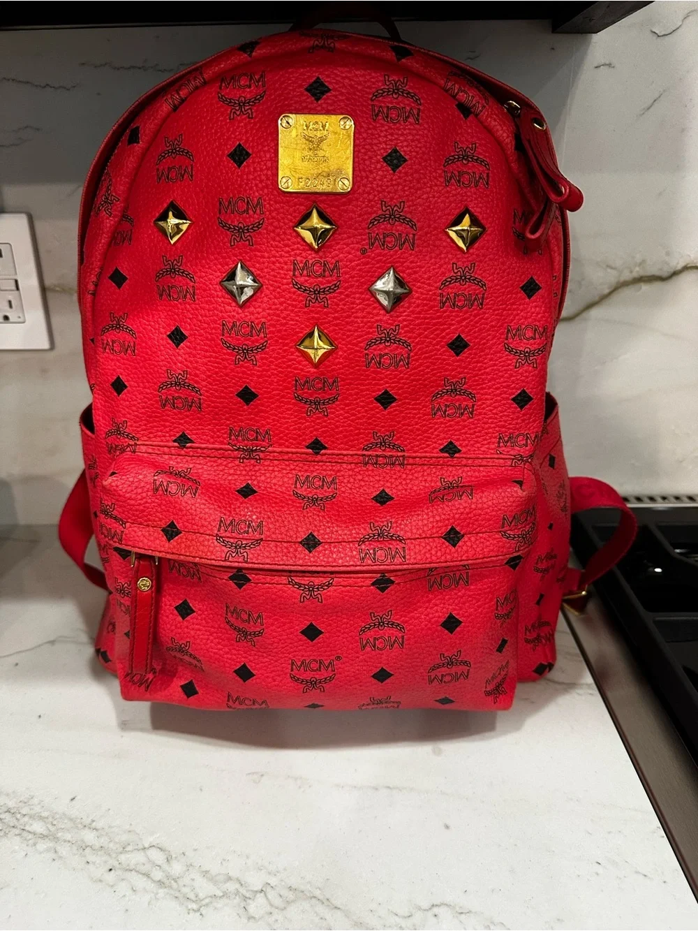 MCM Choral Logo-Print Backpack with Gold & Silver Studs